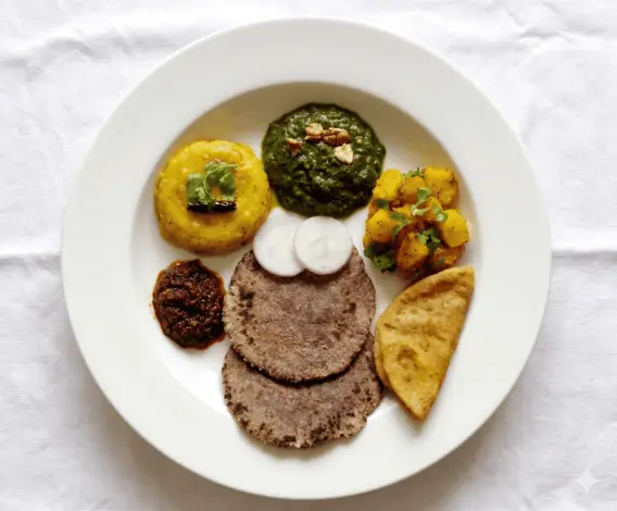 A Pahadi breakfast thali — mandua roti, saag, aloo and pickle on a white plate